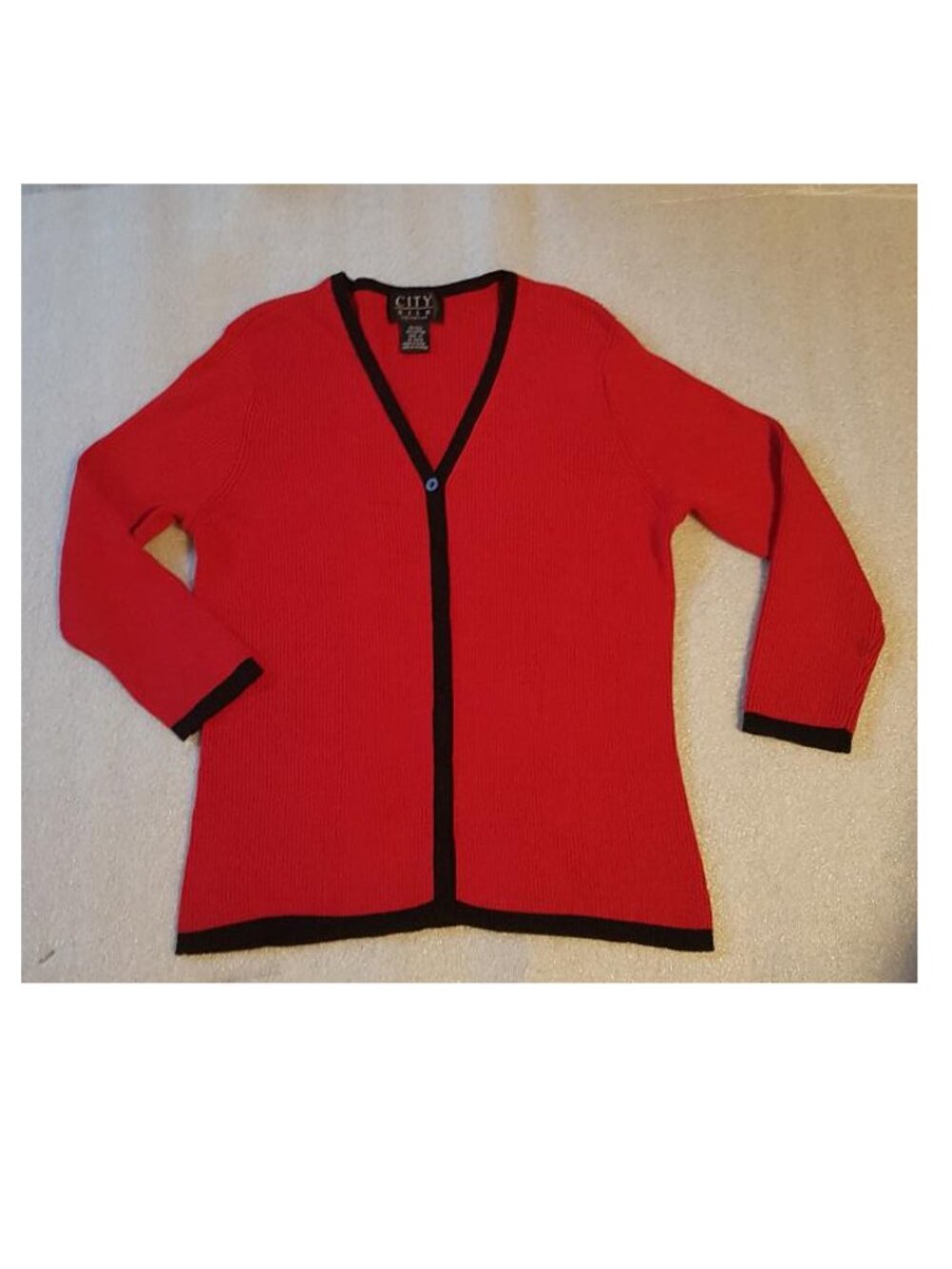 Silk Red Sweater Cardigan size M. Black Trim & front Buttons by City Silk